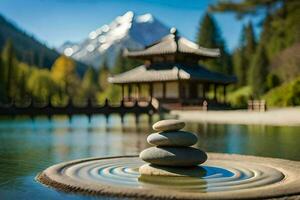stone balancing stones in the water with a pagoda in the background. AI-Generated photo