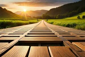 a wooden bridge leads to a green field. AI-Generated photo