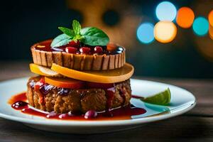 un plato con un pastel y Fruta en él. generado por ai foto