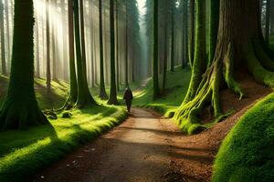 a man walks down a path in the middle of a forest. AI-Generated photo