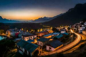 photo wallpaper the sky, mountains, road, village, sunset, the city, the village,. AI-Generated