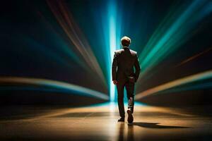 a man in a suit walks into the spotlight. AI-Generated photo