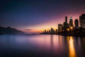 el ciudad horizonte a puesta de sol en Dubái generado por ai foto