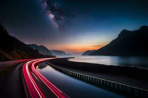 a long exposure photograph of a road and lake at night. AI-Generated photo