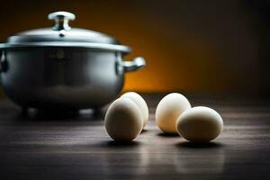 four eggs sit on a table next to a pot. AI-Generated photo