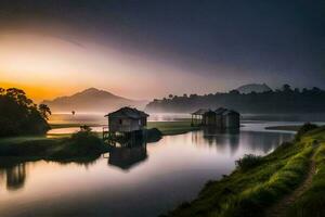 the sun rises over a lake and a small house. AI-Generated photo