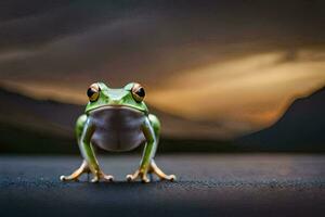 a frog is standing on the road with a dark sky in the background. AI-Generated photo