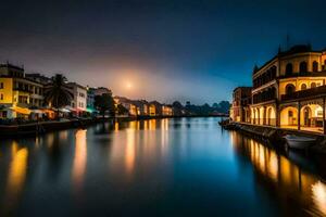 the moon rises over the water in front of buildings. AI-Generated photo