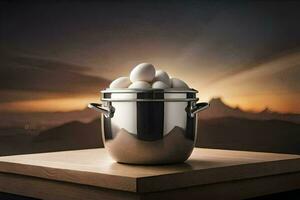 a stainless steel pot filled with eggs on a wooden table. AI-Generated photo