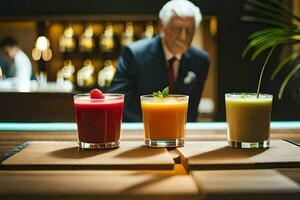 un hombre en un traje es en pie detrás un bar con Tres diferente bebidas generado por ai foto