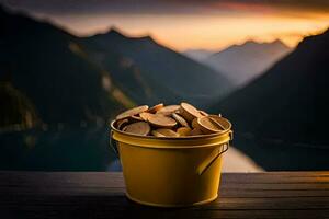 un Cubeta de papas fritas en un mesa en frente de un lago. generado por ai foto