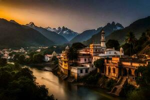 the sun sets over a river and a village in india. AI-Generated photo