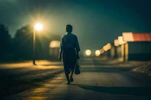 a woman walks down a road at night with a bag. AI-Generated photo
