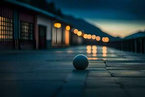 a ball sits on the ground in front of a building. AI-Generated photo