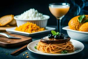 spaghetti with meat and vegetables on a table. AI-Generated photo