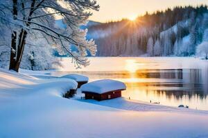 snow covered lake and red cabin in the winter. AI-Generated photo