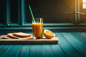 un vaso de naranja jugo y un pan en un de madera mesa. generado por ai foto