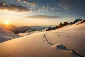 the sun rises over a snowy mountain range. AI-Generated photo
