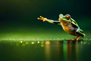 a frog is standing on its hind legs and reaching up. AI-Generated photo