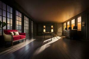 a room with a large window and a red chair. AI-Generated photo