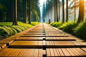 a wooden walkway in the middle of a forest. AI-Generated photo