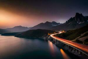 a long exposure photograph of a road and mountain range. AI-Generated photo