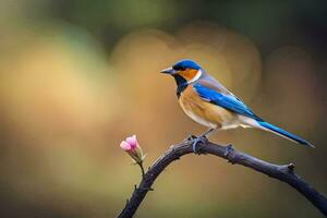 a blue and yellow bird is sitting on a branch. AI-Generated photo