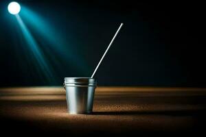 a silver cup with a straw and spotlight. AI-Generated photo