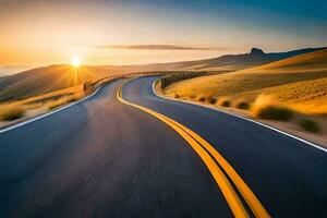 a winding road with the sun setting behind it. AI-Generated photo