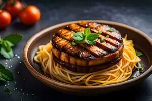 a plate of spaghetti with grilled meat and tomatoes. AI-Generated photo