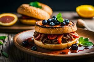 a sandwich with meat, blueberries and a bagel. AI-Generated photo
