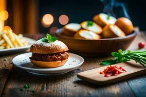 a plate with a burger and fries on a wooden table. AI-Generated photo