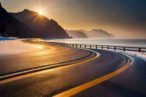 a road in the snow with the sun setting behind it. AI-Generated photo
