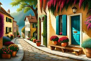 an oil painting of a street with flowers and potted plants. AI-Generated photo