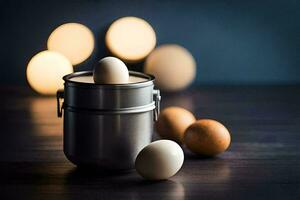 eggs in a tin on a table. AI-Generated photo