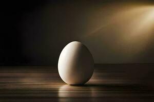 an egg sitting on a table with a light shining on it. AI-Generated photo