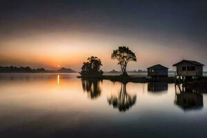 the sun rises over a lake with two small houses. AI-Generated photo