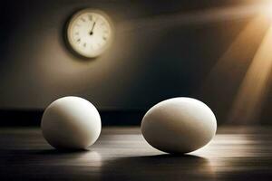 two eggs are sitting on a table in front of a clock. AI-Generated photo