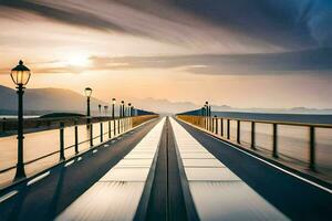 un largo exposición foto de un puente a puesta de sol. generado por ai