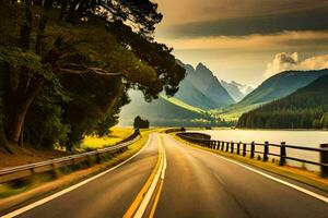 a scenic road with mountains in the background. AI-Generated photo