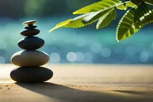 a stack of stones on the beach with a leaf. AI-Generated photo