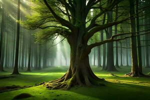 un grande árbol en el medio de un bosque. generado por ai foto