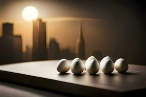 eggs on a table in front of a city skyline. AI-Generated photo