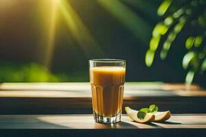 a glass of orange juice with a slice of apple on a table. AI-Generated photo