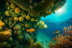 photo wallpaper sea, coral, fish, sun, the ocean, coral reef, fish, coral. AI-Generated