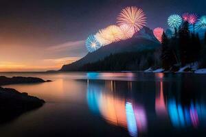 fuegos artificiales en el cielo terminado un lago. generado por ai foto