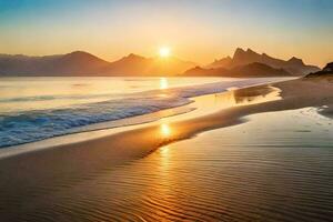 el Dom sube terminado el Oceano y montañas en esta hermosa foto. generado por ai foto