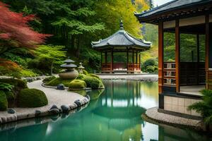 a japanese garden with a pagoda and pond. AI-Generated photo