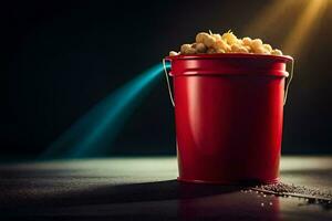 a bucket of popcorn on a dark table. AI-Generated photo