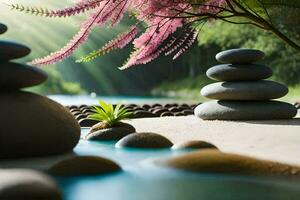 zen garden with stones and water in the background. AI-Generated photo